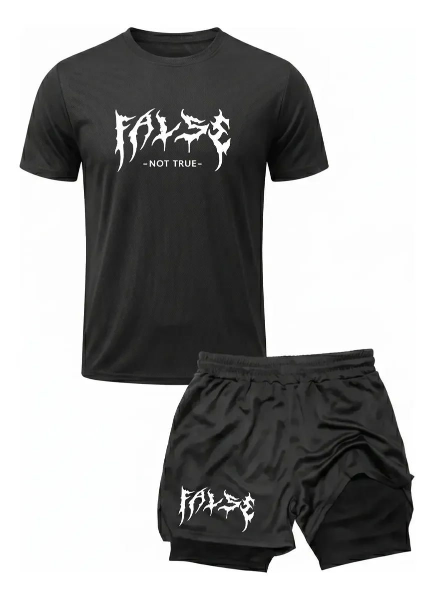 Foto 1 de Conjunto Academia Camiseta Dry Fit + Short 2 Em 1 False Not Preto P